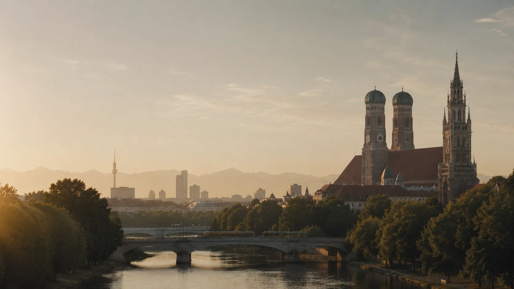Skyline von München mit Frauenkirche und Isar im Morgenlicht