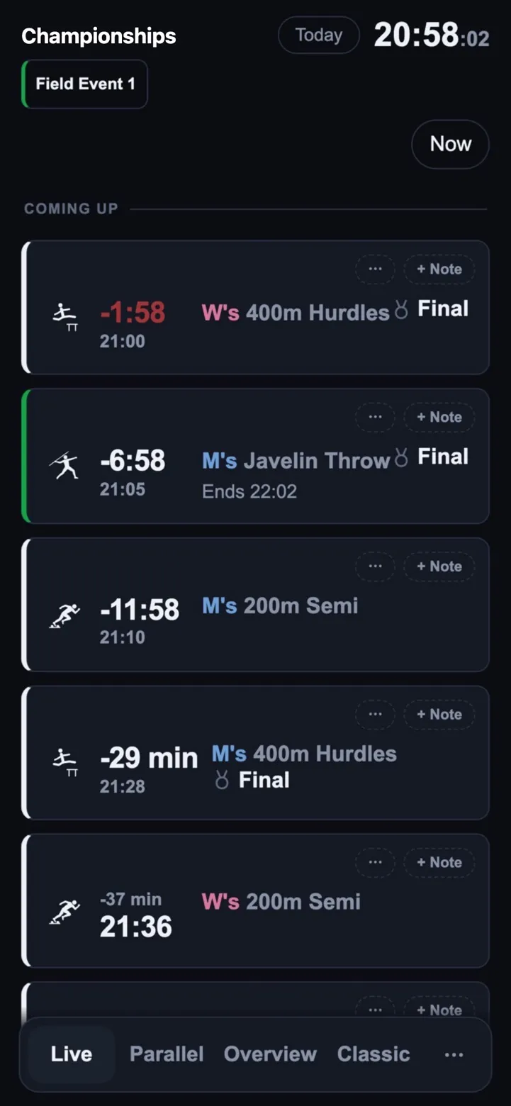 LICO auf dem Handy: die Live-Ansicht des Teams Field Event 1 mit Countdowns zu den nächsten Wettbewerben.