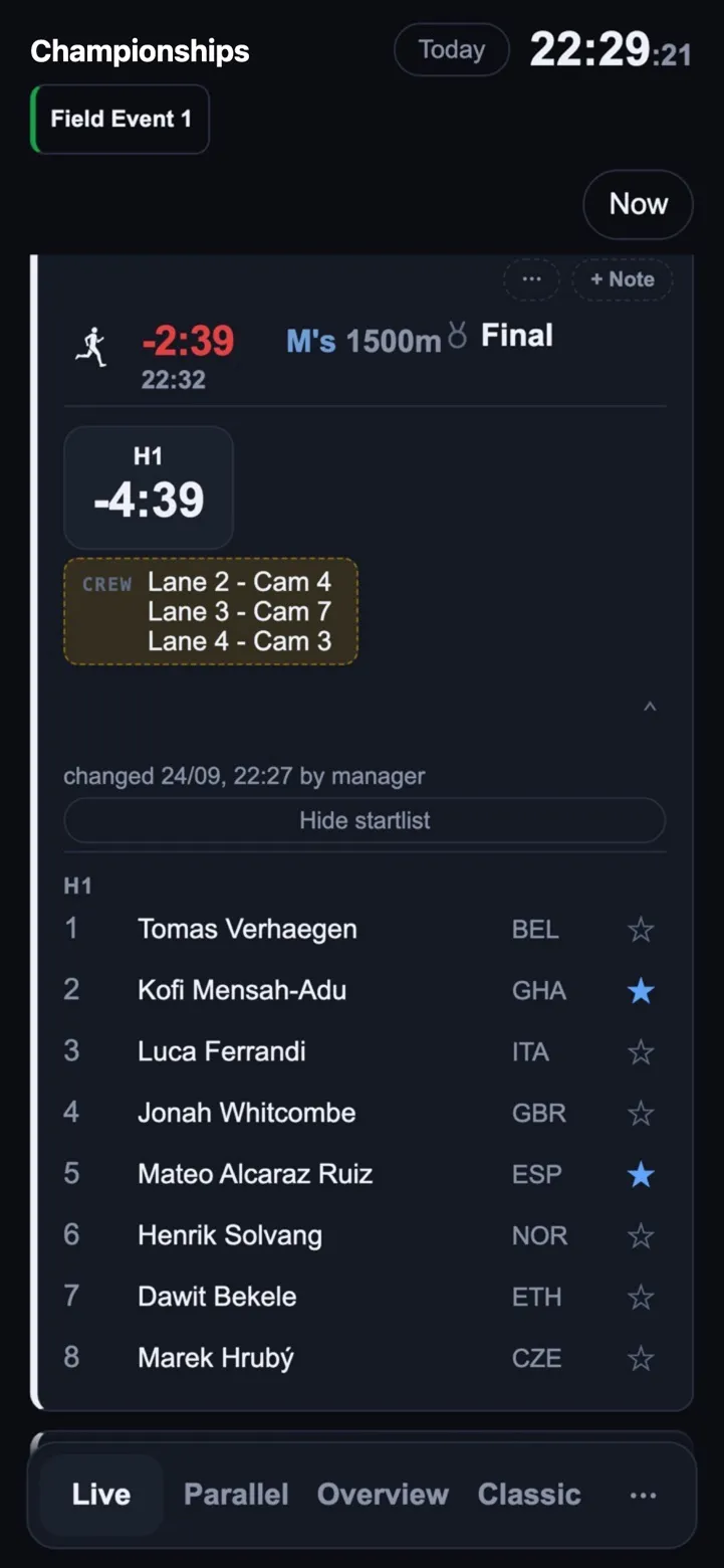 Field Event 1 auf dem Handy: eine Team-Notiz mit Kamerazuordnung pro Bahn, die Startliste des Finals der Männer über 1500 m und zwei markierte Favoriten.