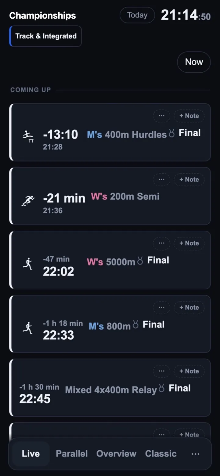 Live-Ansicht des Teams Track & Integrated: Countdowns zu den nächsten Läufen.